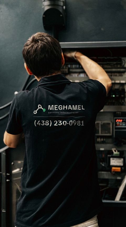 Technicien de dos devant une armoire électrique, polo noir portant le logo Meghamel et le numéro (438) 230-0981